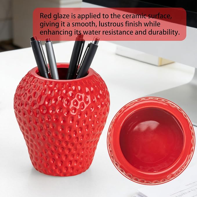 Ceramic Paper Clip Holder, Strawberry Pen Holder Set, Cute Pen Holder for Desk Storage Set of 2, Office, School, Home Decor(Red)