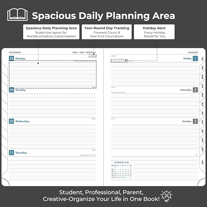 Weekly Monthly 2026-2027 Planner (July 26-Dec 27),8.5"x6.5",18 Months Agenda Plan with Month Tabs & Pocket,Expenses/Note Pages, Academic Calendar with Vegan Leather Cover,Black