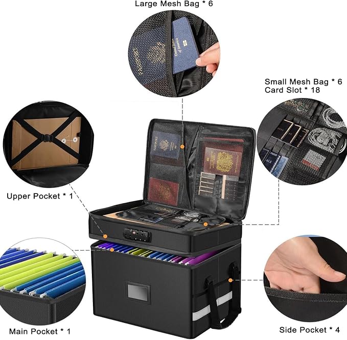 2 Layer Fireproof Document Box with Lock, File Box Water-Resistant File Organizer File Cabinet, Portable File Organizer Document Safe for Home Office Letter Legal Folder (Black)