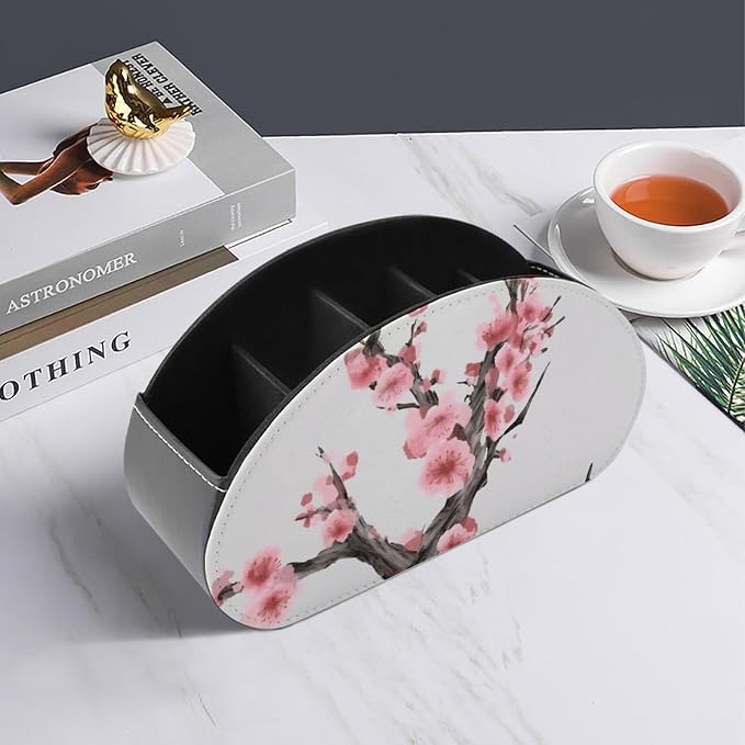 Cherry Blossom Tree Branch Remote Control Holder TV Remote Caddy with 5 Compartments PU Leather Storage Box Stylish Desk Organizer for TV/DVD/Accessories Desk Office Supplies Home