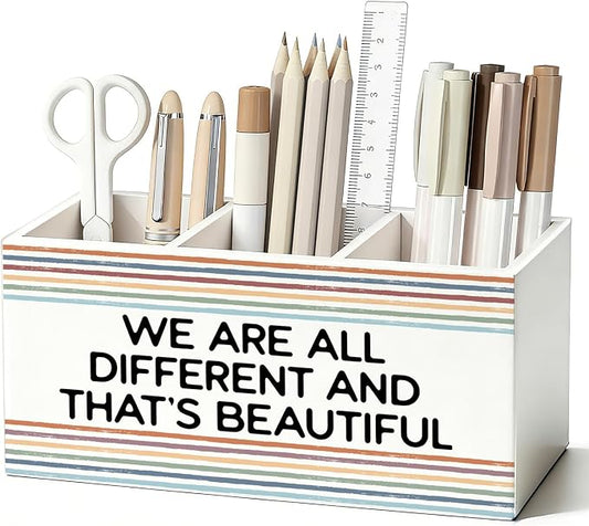 Classroom Pen Pencil Holder for Desk, Inspirational We Are All Different and That's Beautiful Wooden Box Sign Decorations for Kids Room Bedroom Playroom Classroom Desk Tabletop