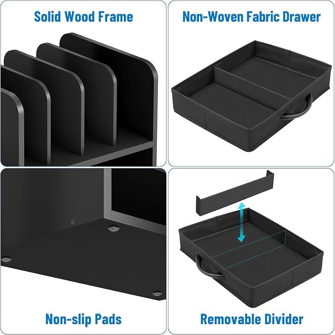 Desk File Organizer for Home, Office, School, Wooden Frame Desktop Storage Solution for Office Supplies, Documents, Papers, Folders and Stationery, Space-Saving and Stylish Document Sorter