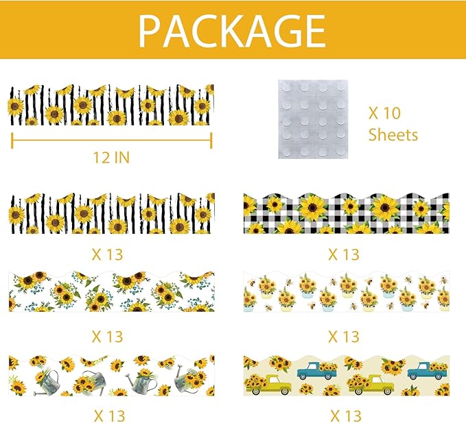 75Ft Sunflower Bulletin Board Border Decoration Sets, Summer Back to School Classroom Decor Floral Scalloped Trim Bulletin Border Sunflower Decor for Classroom Home Office Chalkboard Wall Door Window