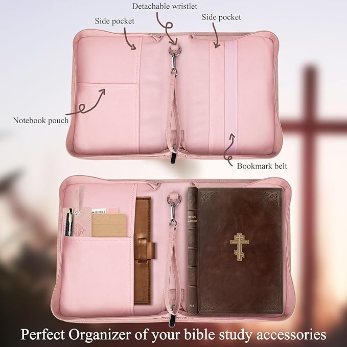 Bible Cover for Women - Leather Study Case with Bookmark, Supplies Carrying Bag Tote with Strap, Personalized Book Organizer for Journaling - Pink