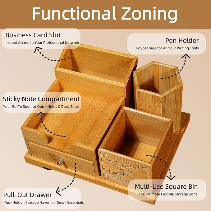 Bamboo Desk Organizer with Drawer, Pen Holder & Business Card Slot, Multi-Compartment Storage Caddy for Office & Home Office, Ideal for Pens, Sticky Notes, Clips, (Bamboo natural)