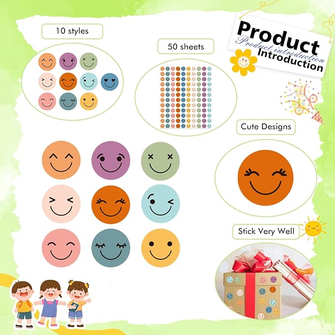 6000 Pcs Boho Smiley Face Stickers - 0.4 inch 10 Colors Mini Dot Bohemian Style Happy Face Stickers for School Reward Chart Students Teacher Supplies