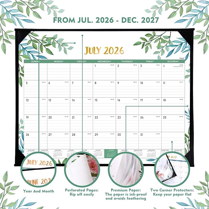 Desk Calendar 2026-2027 - Desk Calendar 2026-2027 Large 22'' x 17'', from July 2026 to December 2027, 18 Months Calendars with Protect Corner