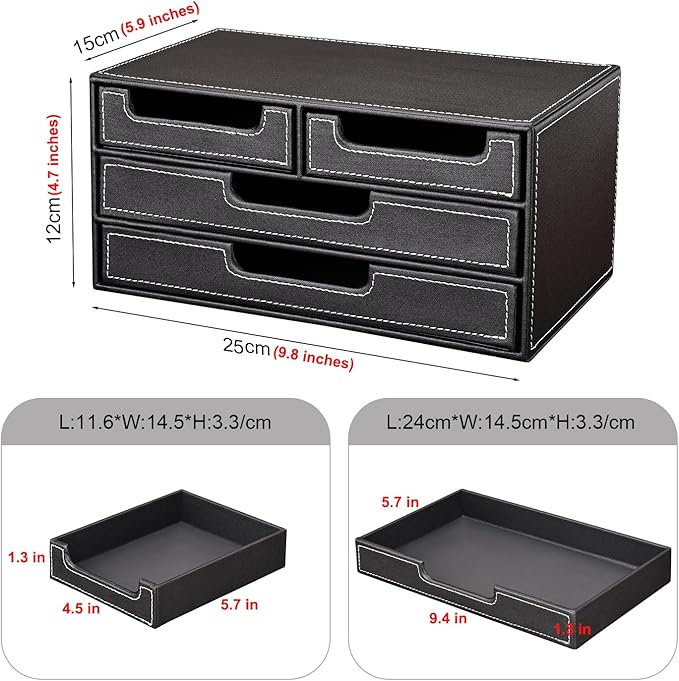 KINGFOM PU Leather Desk Organizer with 4 Drawers Small, Desktop Organizer Drawer for Office Supplies Accessories, Stationery Storage Box Bills Collection Holder Black