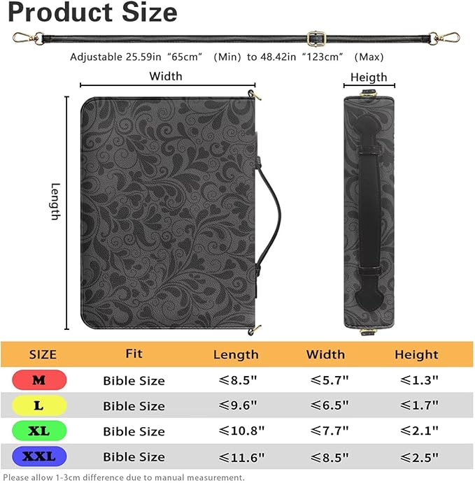 Medium Bible Bags for Boys, Black Bible Cover Case with Strap and Handle, Lion Print Joshua 1:9 PU Leather Book Organizer with Inner Pockets and Pen Loop, Biblia Study Supplies for Girls