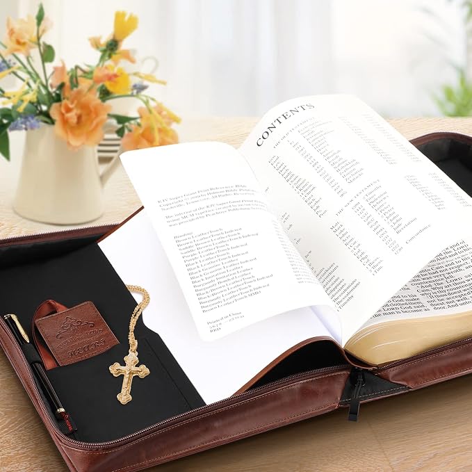 FINPAC Large Classic Bible Cover Vegan Leather Carrying Book Case Church Bag Bible Protective with Handle, Gift for Men, Women, Father, Mother, Friends, Brown