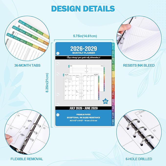 2026-2029 Monthly Planner Refills: 36 Months A5 Planner Inserts for 6-Ring Binder, Runs from July 2026 to June 2029, 6-Hole Punched Calendar Inserts 2026-2029 with Tabs, 5-3/4" x 8-1/4"