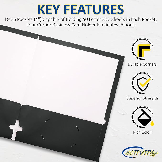 10 Pack Two Pocket Folders, Black, Strong Thick Paper Folders, for Letter Size, by ACTIVITYya