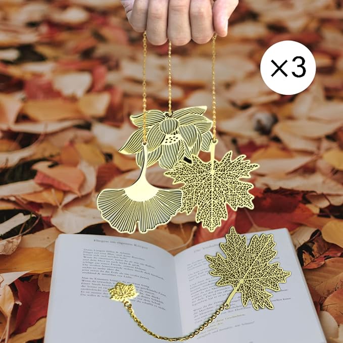 4 Pieces Bookmarks，Handmade Thumb Wooden Walnut Book Page Holder with Golden Ring，Bat Wing Design，3 Pieces Metal Bookmarks with Chain，Golden Hollow Design, Book Reading Accessories (Large)