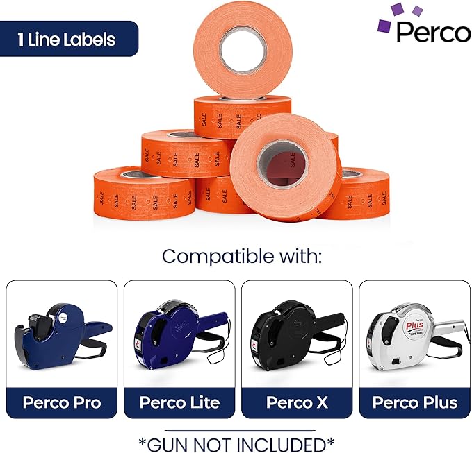 Perco 1 Line Fluorescent Red Sale Labels - 80 Rolls, 10 Sleeves, 80,000 Blank Price and Date Gun Labels for Perco Lite, X, Plus and Pro 1 Line Price and Date Guns - Made in USA