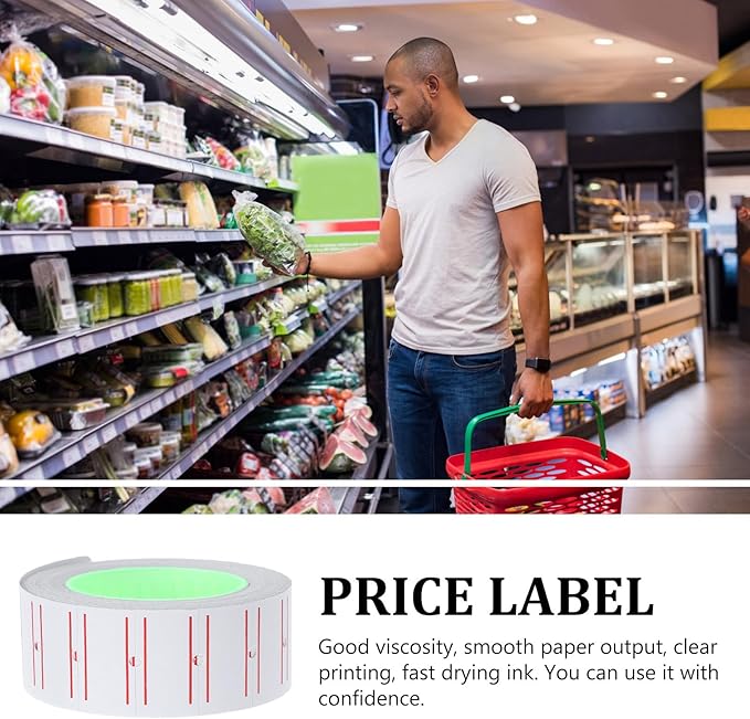 KALLORY 5000pcs Price Tag Paper Labels with Dual Red Stripes for Price Gun Labeler, Single-Row Cost Marker Stickers, 10 Rolls Compatible with Retail and Supermarket Pricing