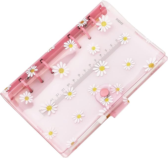 A6 A5 6-Holes Colorful PVC Cover Personal Organizer with Snap Button Closure File Folder for Loose Leaf Sheet Notebook (Pink Daisy, A6 Combo)