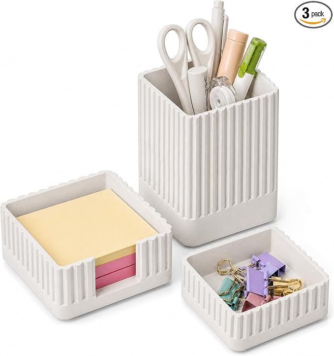 Desk Organizer Set of 3 for Office Accessories - Includes Pen Holder, Paperclip Storage, and Sticky Note Holder - Aesthetic Concrete Desktop Accessories for Women or Men, Office Decor (White)
