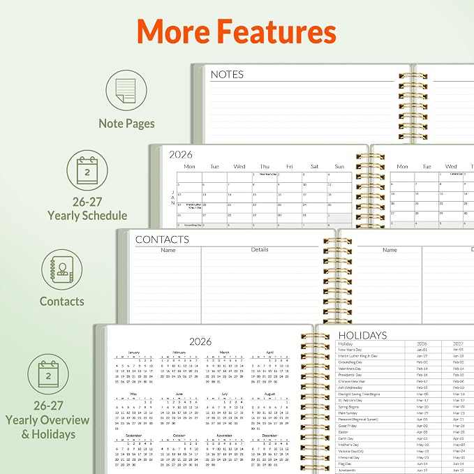 SUNEE Monthly Planner 2026-2027 - 18 Months Calendar Planner from Jul 2026 to Dec 2027, 7"x10" Yearly Planner with Tabs, Spiral Binding, Organizer for School Office Home, Sage Green