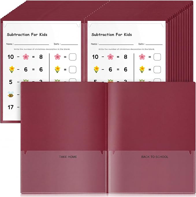 Henoyso 48 Pcs Take Home Folder Heavy Duty 2 Clear Front Pockets and 2 Inside Pockets Homework Folders for School Students Parent Teacher Classroom Communication (Dark Red)