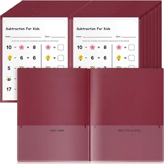 Henoyso 48 Pcs Take Home Folder Heavy Duty 2 Clear Front Pockets and 2 Inside Pockets Homework Folders for School Students Parent Teacher Classroom Communication (Dark Red)