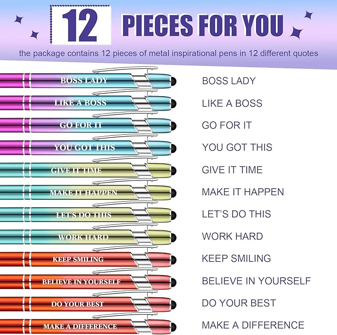 Zonon 12 Pcs Inspirational Pens Gift Set Funny Ballpoint Pen with Stylus Tip Motivational Graduation Gifts Bulk for Teacher Coworkers Nurse School Office Supplies(Plating Color,Motivational Style)