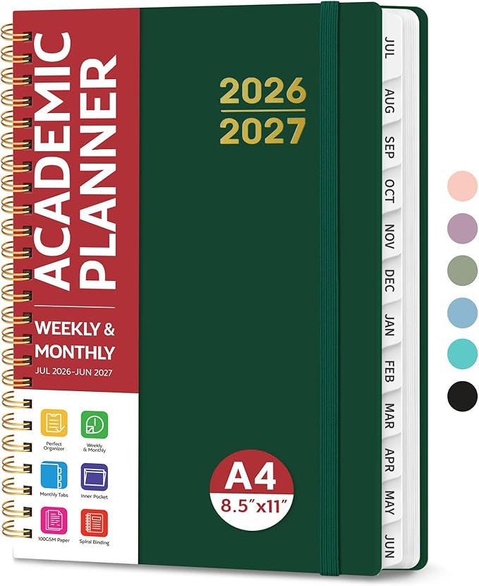 Planner 2026-2027 for Women & Men, Academic Monthly and Weekly Calendar Planner, Jul 2026 - Jun 2027, A4 (8.5" x 11"), Teacher Student Planning Book with Tabs, Ideal for Office School Supplies - Dark Green