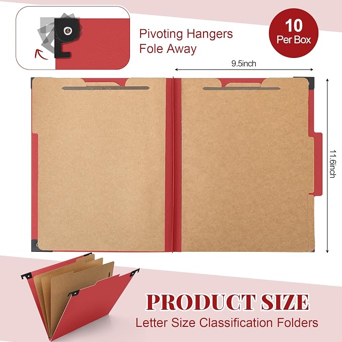 Henoyso 10 Pcs Hanging Classification File Folders, Letter Size Red Folders with 3 Pressboard Dividers, 8 Fasteners, 4 Inch Expansion, 1/3-cut Top Tab for Medical Records and File Cabinet Organizer