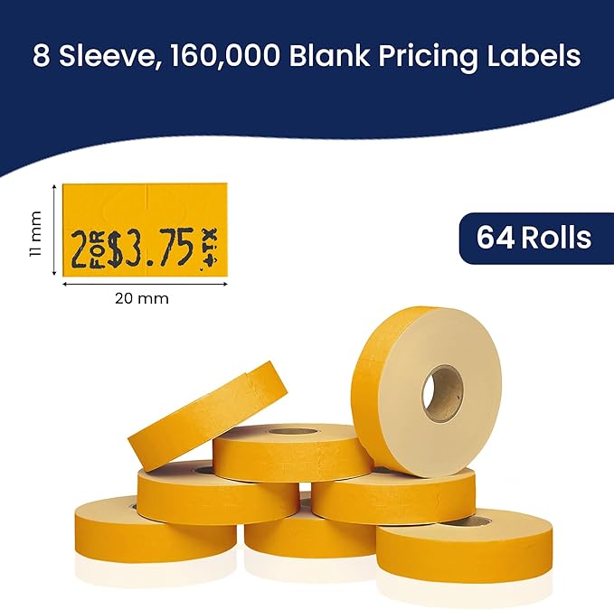 Perco Fluorescent Orange Pricing Labels - 160,000 Labels (8 Sleeves, 64 Rolls) for Monarch 1131 Price Gun - Includes Ink Rolls