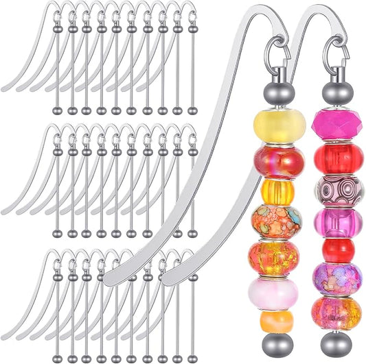 32 Pcs Beadable Bookmarks, Silver Metal DIY Blank Bar Bookmark for Beads, Craft Jewelry Pendant Charm Gift for Book Lovers, Students and Teachers