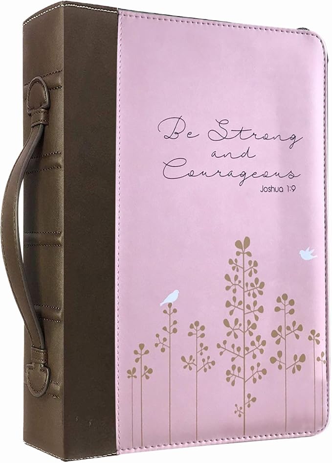 Bible Cover Case for Women and Girls, Large Faux Leather, Joshua 1:9, Zippered Carrying Case with Handle and Pockets, Church Bag, Christian Gifts for Women, Pink/Brown - Office Werks