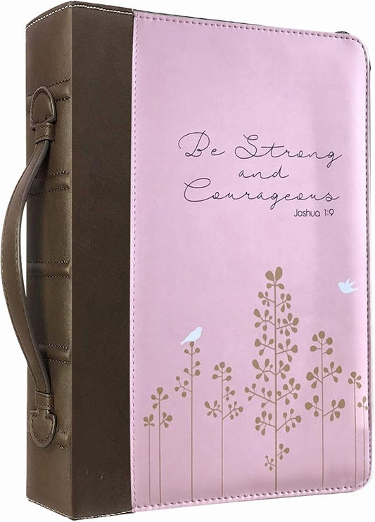 Bible Cover Case for Women and Girls, Large Faux Leather, Joshua 1:9, Zippered Carrying Case with Handle and Pockets, Church Bag, Christian Gifts for Women, Pink/Brown - Office Werks