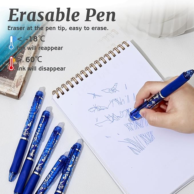 6 Pcs Retractable Erasable Pens, Colored Gel Blue Ink Pens Clicker with Erasers, 0.5mm Fine Point Smooth Writing Pen for Journaling Note-Taking Crossword Puzzles Supplies (Blue)