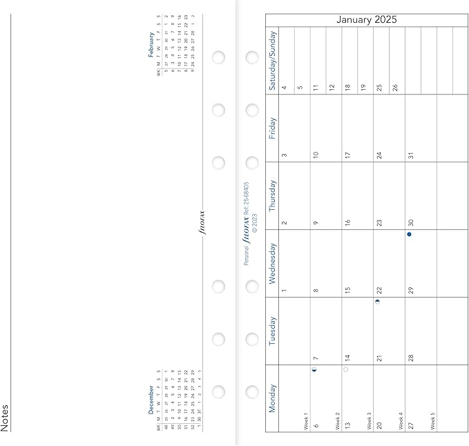 Filofax Calendar Diary Refill, Personal/Compact Size, Month on One Page with Notes, Horizontal, White Paper, English, 2025 (C68405-25)