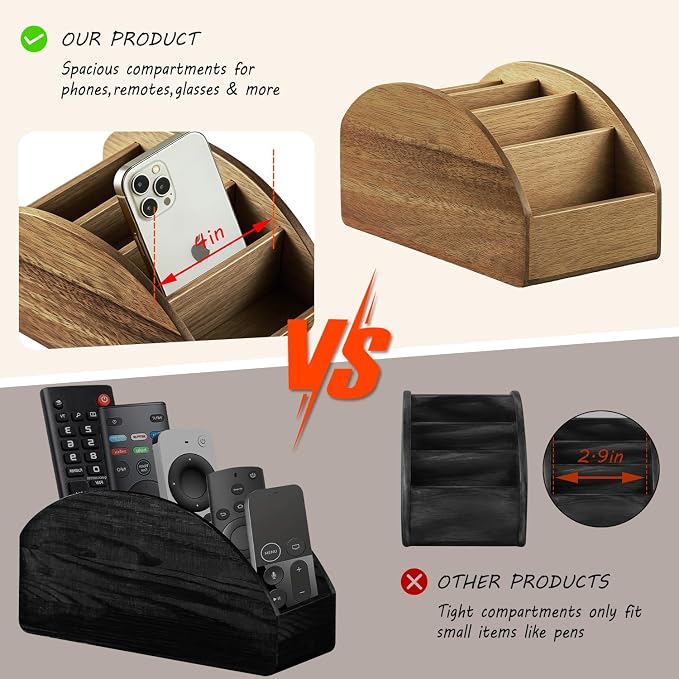 BIBELUN Large TV Remote Control Holder, Rustic Wood Nightstand Remote Caddy with 5 Compartments, Entryway Table Storage Box Organizer for Phones, Controllers, Media Player, Office Supplies, Home Décor