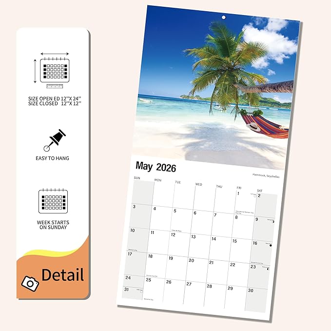 Wall Calendar 2025-2026 Planner Calendar - Tropical Beach Hangable Monthly Wall Calendar with Large Blocks for Organizing & Planning, Academic Schedule, Home, Office & family, Thick & Sturdy Paper (12"x24" Open)