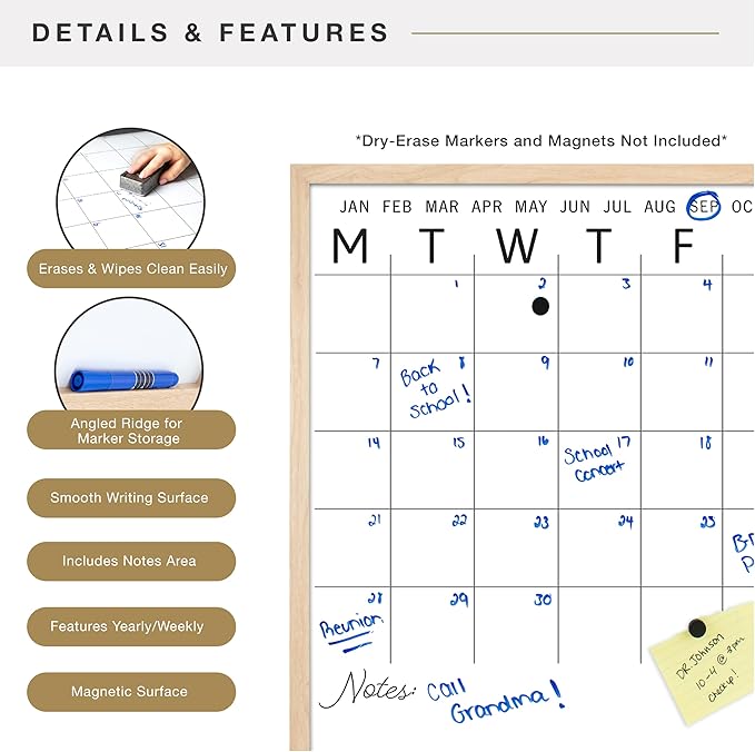 MCS Dry Erase Calander 24x24 Natural Framed Monthly Calendar for The Wall, Stay Organized with Family Planner for Appointments, Sports, Events & More