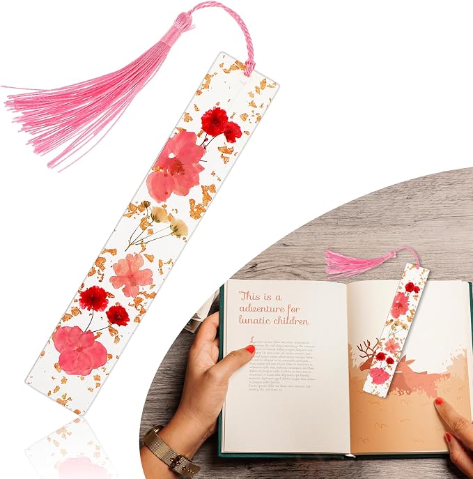 Dimeho Dried Flower Book Marks Tassels Clear Floral Bookmarks Durable Handmade Cute Resin Page Markers Pretty Book Marking Holder Gift for Christmas Bookworms Book Lovers Women(Pink)