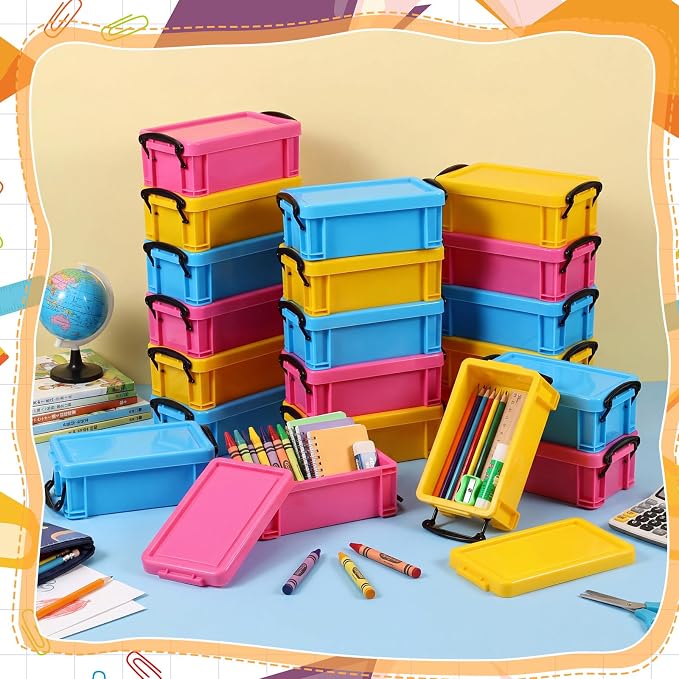 Briwooody 30 Pcs Color Plastic Crayon Box with Lid Color Clear Crayon Organizer Stackable Storage Container Bulk Pastel Holder Case for Office School Classroom Supplies Pen Pencil Art(3 Colors)
