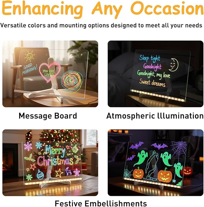 Led Note Board with Colors, 12"X8" Acrylic Dry Erase Board with Light, Light Up Dry Erase Board with Adjustable Stand, Led Board White Board with 7 Pen, Office Home Glow Rewritable Message Board.