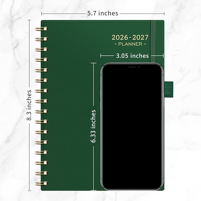 RETTACY Academic Planner 2026-2027, Weekly and Monthly, July 2026 - June 2027, Medium Size (5.7" x 8.3"), Calendar, Agenda, 12-Month Tabs, for Student, Teacher, School (Dark Green)