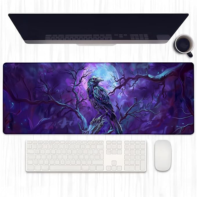 Mystical Crow Gaming Mouse Pad, Extended Raven and Enchanted Forest Desk Mat Computer Laptop Mousepad, Robust Stitched Edges, 31.5"×11.8" Large Office Keyboard Mouse Pads for Desktop Decor