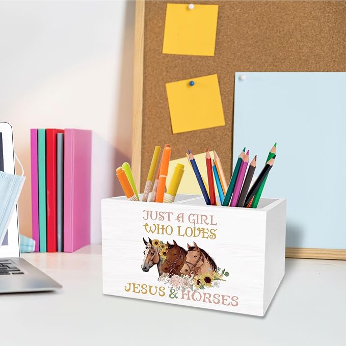 Floral Horse Christian Pen Holder for Desk, Horse Lover Gifts Pencil Organizer, Just a Girl Who Loves Jesus and Horses Wooden Box Sign Desk Decor for Girls Room Home Decoration