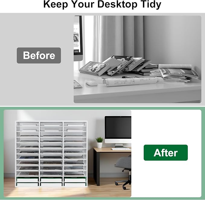 TQVAI 36 Compartments Desktop Literature Organizer, Metal Frame Paper Sorter with Handles, Heavy Duty Mailbox for Classroom and Office, Desk File Organizer for Document, Bill, Magazine, White