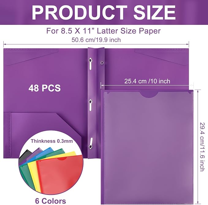 Tenceur 48 Pack Plastic Folders with 3 Prongs Bulk Heavy Duty Folders with Clear Front Pockets and Card Slots with Fasteners Fit Letter-Size Papers for Work School Office (Bright Colors)