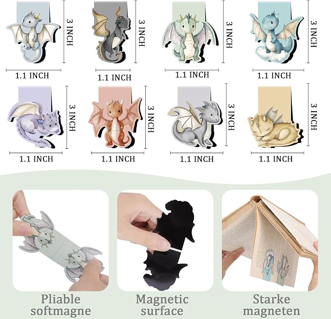 Cute Dragon Bookmark Gift - 8 PCs Fantasy Bookmarks Cool Unique Magnetic Book Mark Funny Magnets Page Clip for Reading Women Men Kids Bookish Students Birthday Graduation Back to School