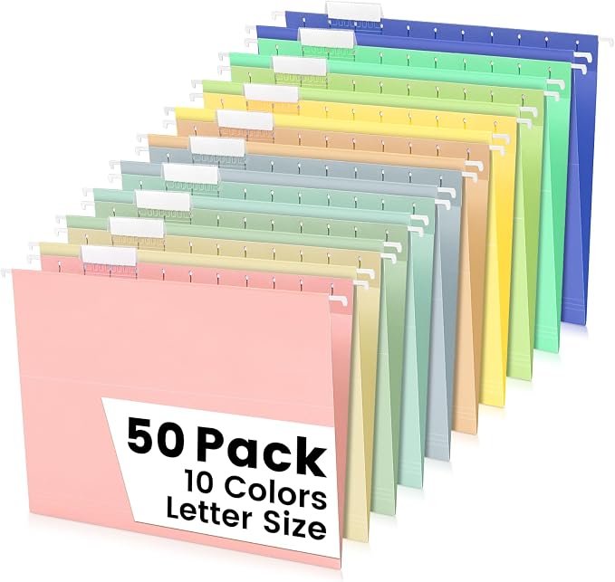 50-Pack Morandi Hanging File Folders, Letter Size with 55 Transparent Label Cards, 60 Sticker Labels,1/5-Cut Tabs–Home Office & Filing Cabinets