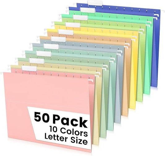 50-Pack Morandi Hanging File Folders, Letter Size with 55 Transparent Label Cards, 60 Sticker Labels,1/5-Cut Tabs–Home Office & Filing Cabinets