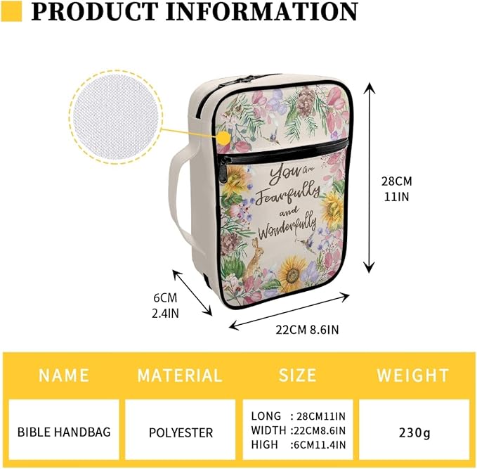Coldinair Sunflower Hummingbird Floral Print Bible Covers Bag for Women Teens Kids,Carrying Book Case Church Bag Bible Holder with Handle and Zippered Pocket