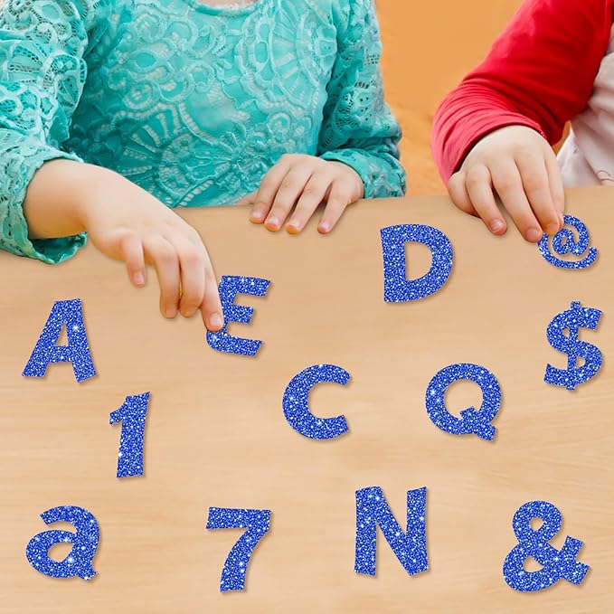 Colarr 216 Pcs Glitter Bulletin Board Letters for Classroom Number Alphabet Punctuation Symbol Cutout 4'' Die-Cut Poster Letter with Adhesive Dot School Graduation Party Holiday Decor Display(Blue)