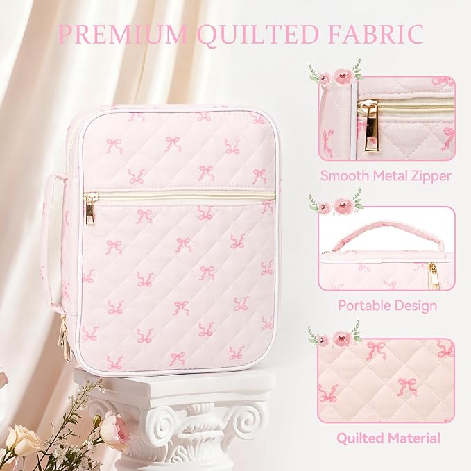 Bible Cover Case for Women Large Quilted Bible Carrying Bag with Handles Bible Study Supplies & Accessories Christian Gifts for Women(Cotton-Bow, M)